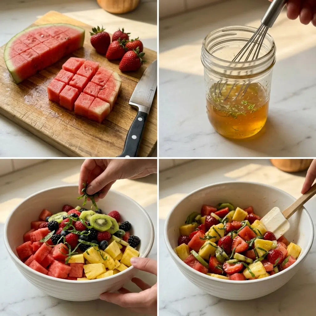 4-step cooking process collage for honey lime fruit salad showing chopping, dressing, assembling, and finishing