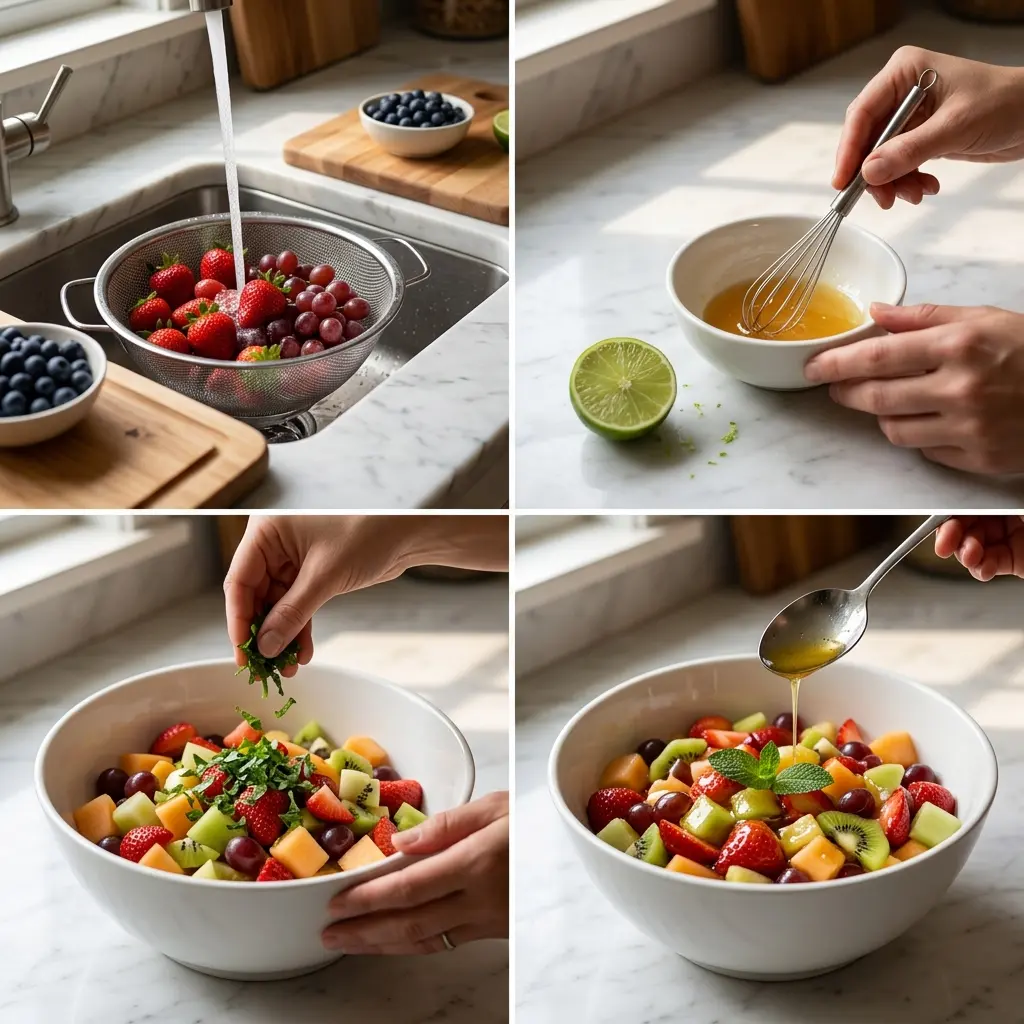 4-step cooking process for Honey Lime Rainbow Fruit Salad
