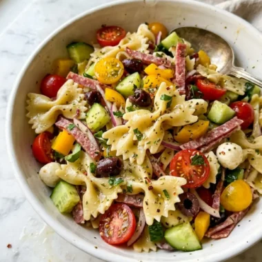 Italian Bow Tie Pasta Salad in a large white ceramic bowl with fresh vegetables and mozzarella