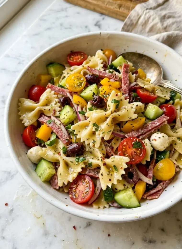 Italian Bow Tie Pasta Salad in a large white ceramic bowl with fresh vegetables and mozzarella