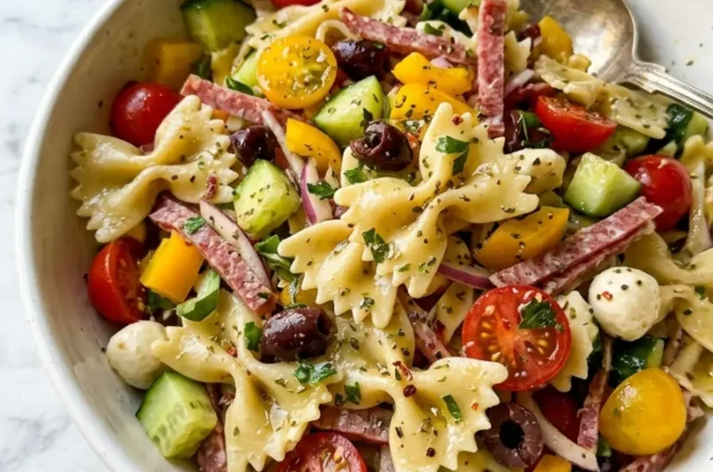 Italian Bow Tie Pasta Salad in a large white ceramic bowl with fresh vegetables and mozzarella