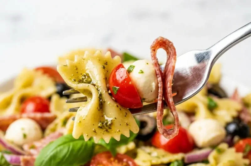 Pinterest pin image for Italian Bow Tie Pasta Salad with fork lifting a colorful bite