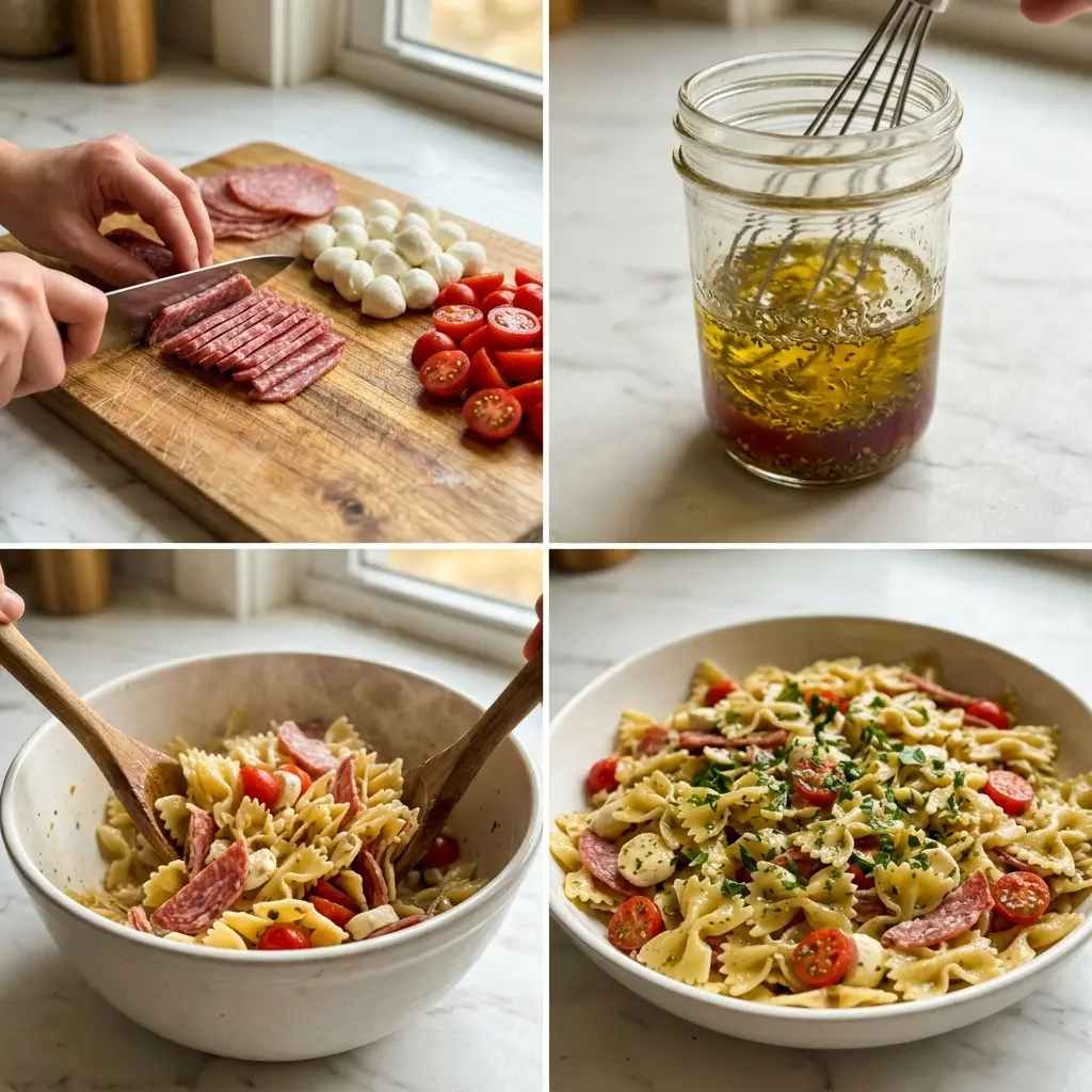4-step cooking process collage for Italian Bow Tie Pasta Salad showing prep, dressing, tossing, and finished dish