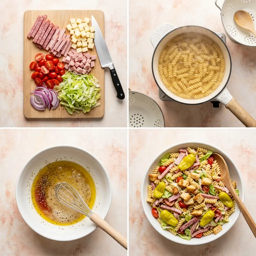 4-step cooking process collage for Italian Grinder Pasta Salad showing chopping, boiling, dressing, and plating