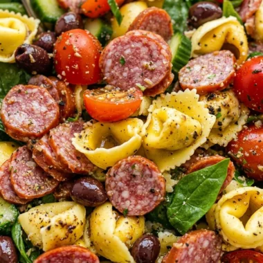 Close-up of Italian Tortellini Pasta Salad freshly made and ready to serve