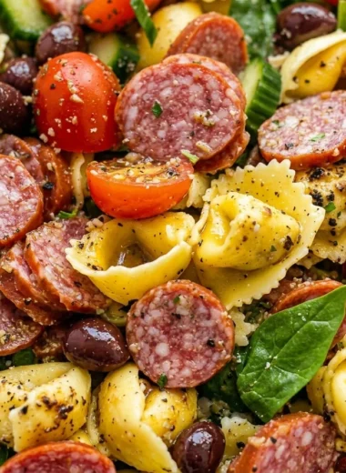 Close-up of Italian Tortellini Pasta Salad freshly made and ready to serve