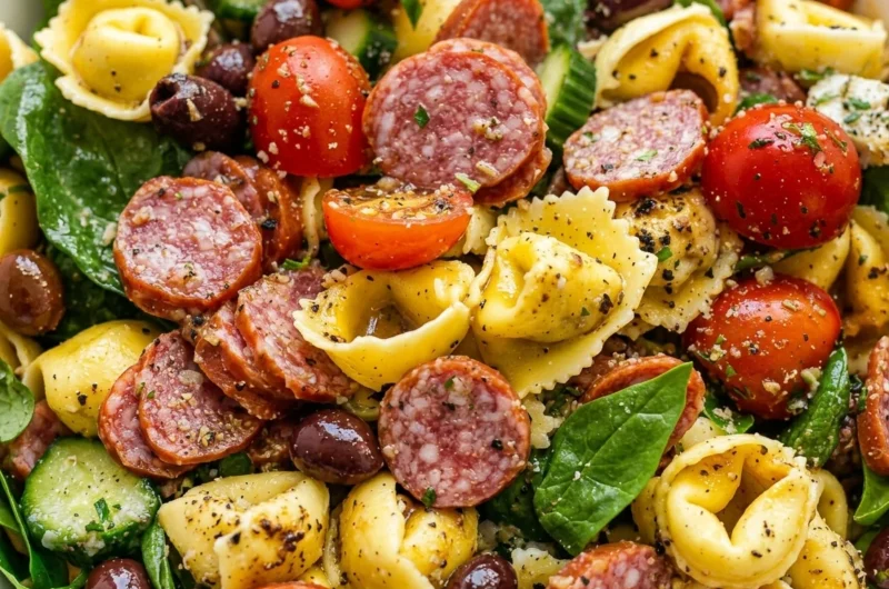 Close-up of Italian Tortellini Pasta Salad freshly made and ready to serve