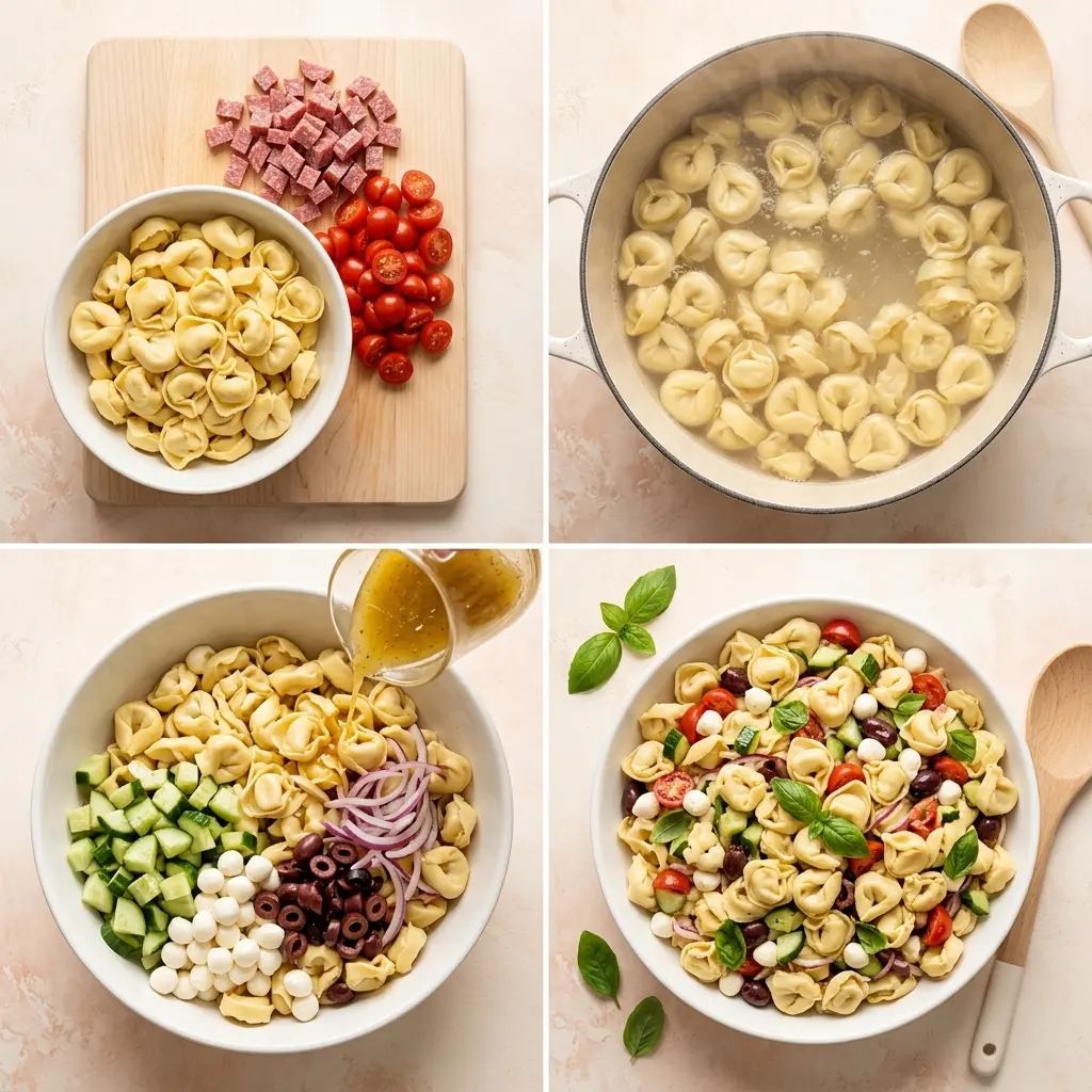 4-step cooking process collage for Italian Tortellini Pasta Salad showing boiling, tossing, and plated dish