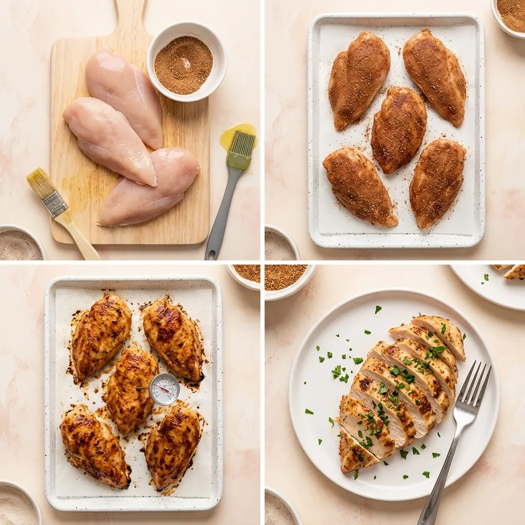 4-step cooking process collage for Juicy Oven Baked Chicken Breast showing prep, coating, baking, and plating