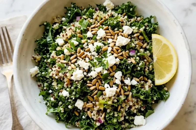 kale quinoa salad with lemon dressing in white bowl with feta and lemon wedge