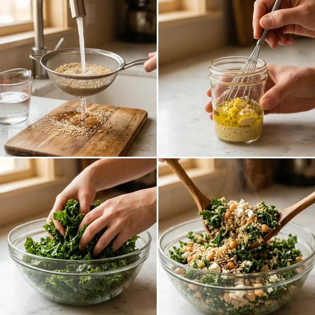 4-step cooking process collage for kale quinoa salad with lemon dressing