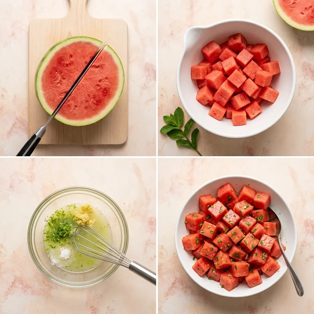 4-step cooking process collage for Easy Keto Watermelon Fruit Salad with Lime Mint Dressing showing cutting, cubing, whisking dressing, and final tossed salad