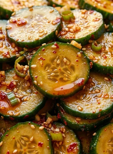 Close-up of Korean Cucumber Salad freshly made and ready to serve