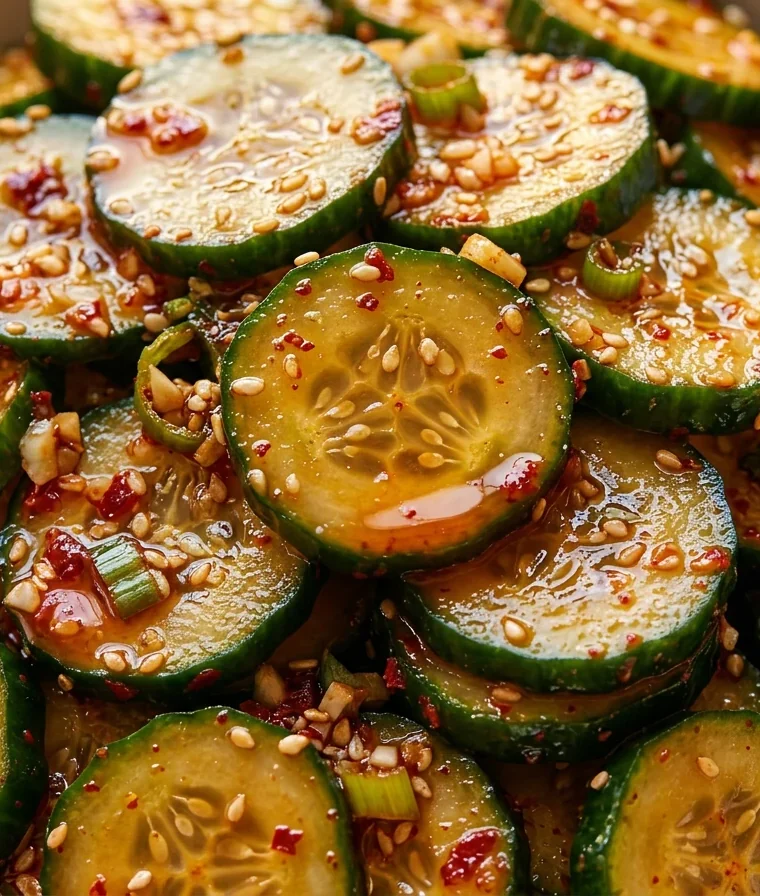 Close-up of Korean Cucumber Salad freshly made and ready to serve