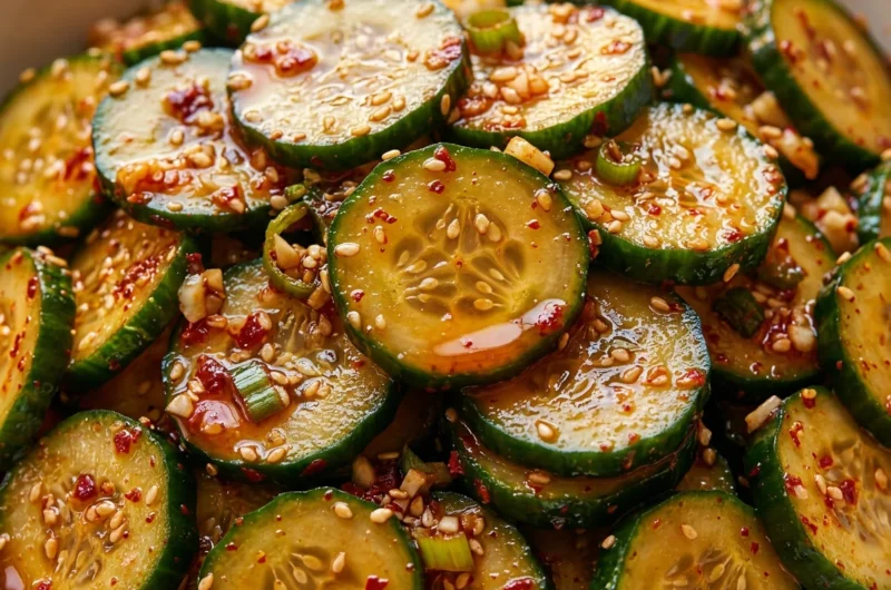 Close-up of Korean Cucumber Salad freshly made and ready to serve