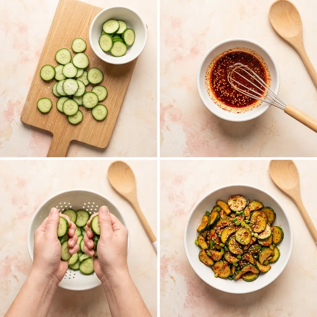 4-step cooking process collage for Korean cucumber salad showing slicing, dressing, squeezing, and final tossed salad