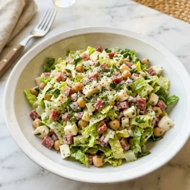 La Scala Chopped Salad (The Famous Beverly Hills Salad) 5 La Scala Chopped Salad in a white bowl with salami chickpeas and cheese on a marble counter