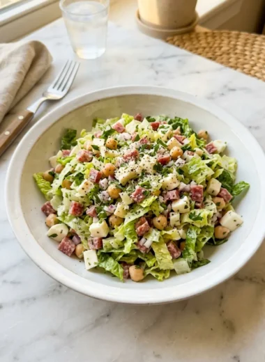 La Scala Chopped Salad in a white bowl with salami chickpeas and cheese on a marble counter