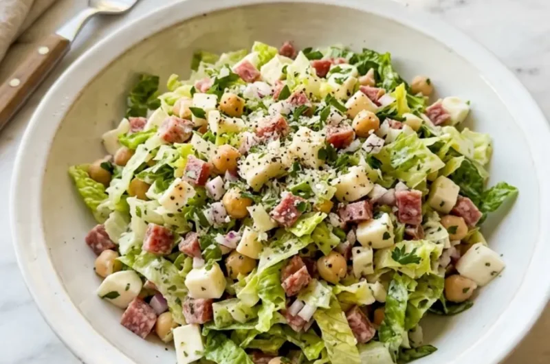 La Scala Chopped Salad (The Famous Beverly Hills Salad) 1 La Scala Chopped Salad in a white bowl with salami chickpeas and cheese on a marble counter