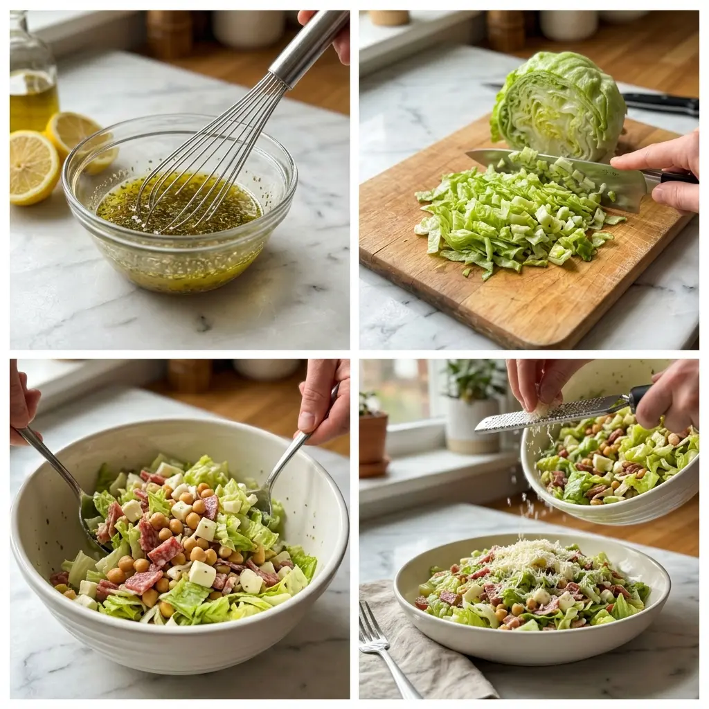 La Scala Chopped Salad (The Famous Beverly Hills Salad) 2 4-step cooking process collage for La Scala Chopped Salad showing dressing, chopping, tossing, and serving