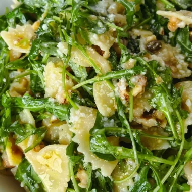 Close-up of Lemon Arugula Pasta Salad freshly made and ready to serve