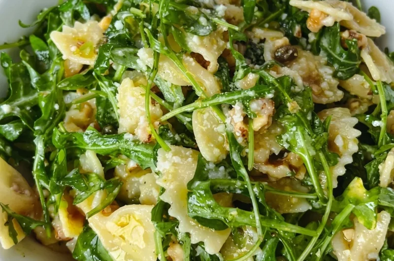 Close-up of Lemon Arugula Pasta Salad freshly made and ready to serve