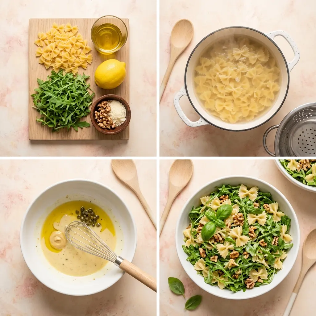 4-step cooking process collage for Lemon Arugula Pasta Salad showing prep, boiling pasta, whisking dressing, and plated finished dish