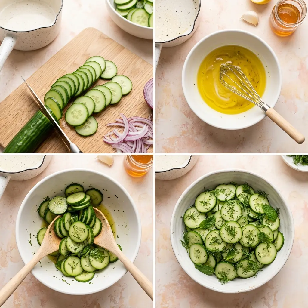 4-step cooking process collage for lemony herb cucumber salad showing slicing, whisking dressing, tossing, and final plated salad