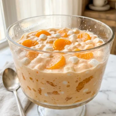 mandarin orange jello salad in a glass bowl with creamy orange fluff and mandarin orange pieces