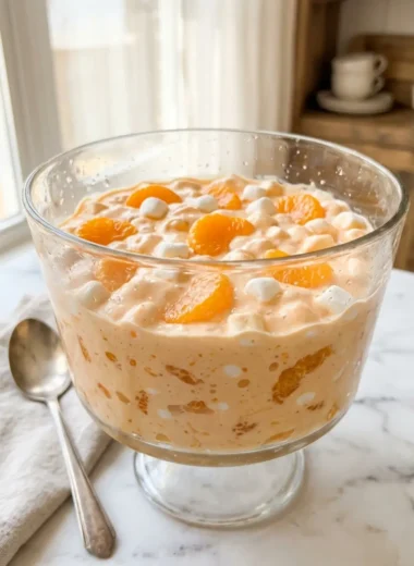 mandarin orange jello salad in a glass bowl with creamy orange fluff and mandarin orange pieces