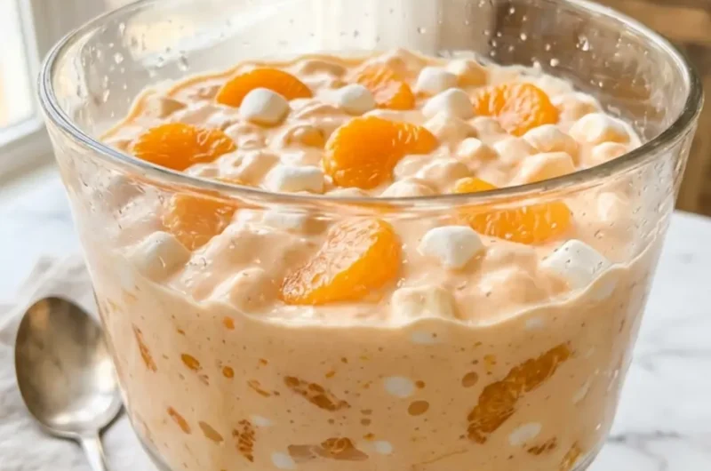 mandarin orange jello salad in a glass bowl with creamy orange fluff and mandarin orange pieces