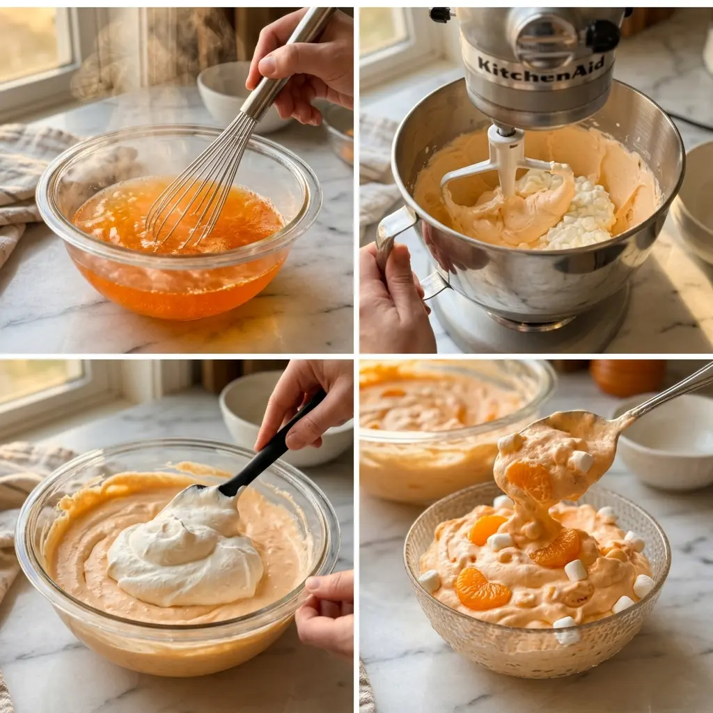 4-step cooking process collage for Mandarin Orange Jello Salad showing dissolving, mixing, folding, and plating