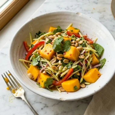 mango salad in a white ceramic bowl with fresh cilantro and lime wedges