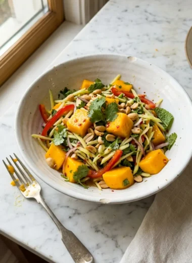 mango salad in a white ceramic bowl with fresh cilantro and lime wedges