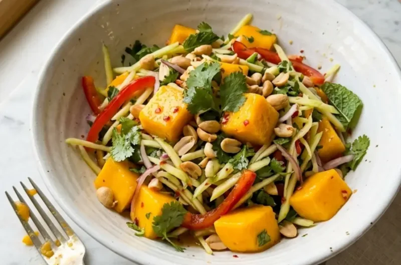 mango salad in a white ceramic bowl with fresh cilantro and lime wedges