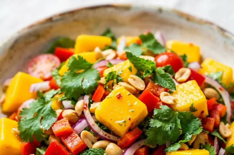 mango salad pinterest pin featuring colorful mango cubes and zesty lime dressing