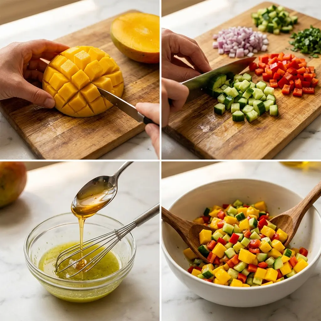 4-step cooking process collage for mango salad showing prep, chopping, dressing, and tossing