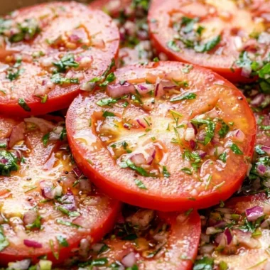 Close-up of Marinated Tomatoes Salad freshly made and ready to serve