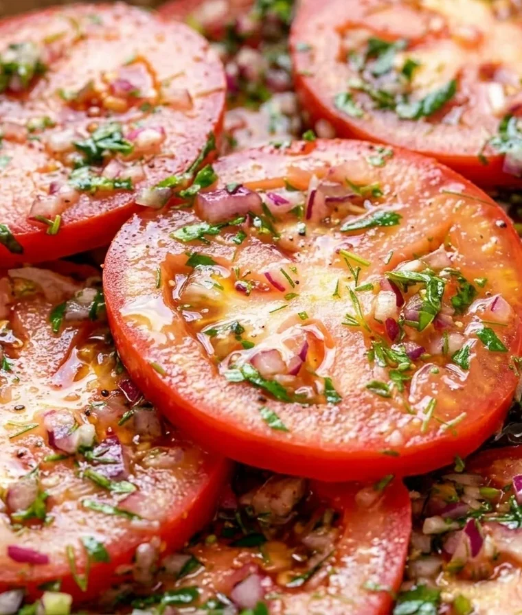 Close-up of Marinated Tomatoes Salad freshly made and ready to serve
