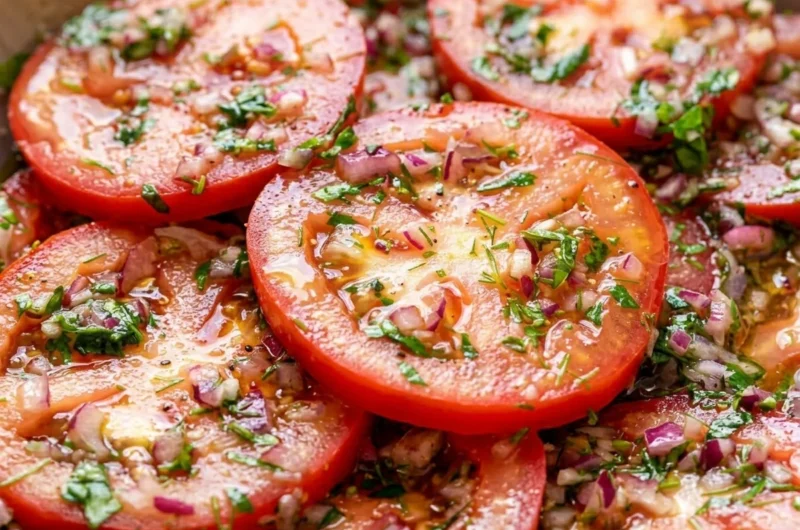 Close-up of Marinated Tomatoes Salad freshly made and ready to serve