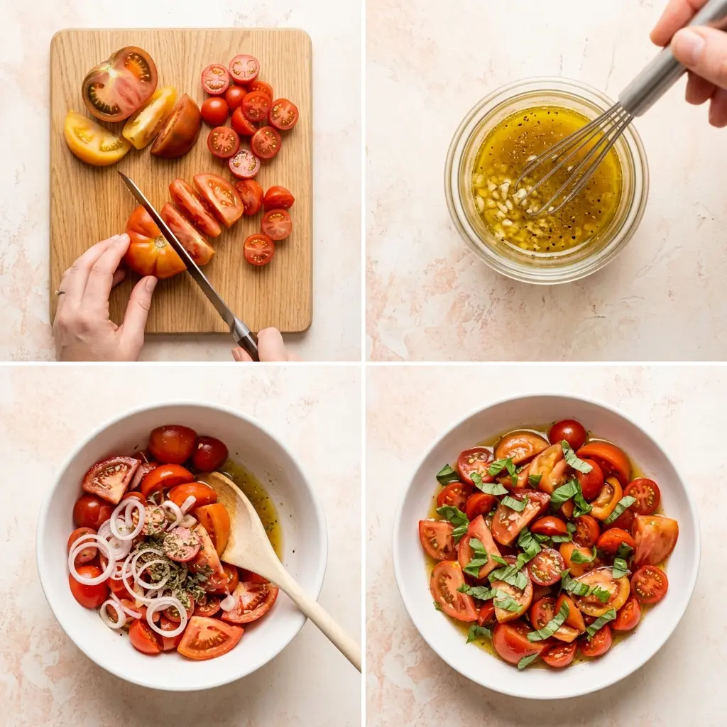 4-step process for marinated tomatoes salad showing slicing, dressing, marinating, and finishing with basil