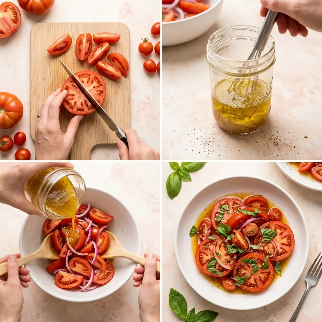 4-step cooking process for marinated tomatoes salad showing slicing, dressing, tossing, and finishing with basil