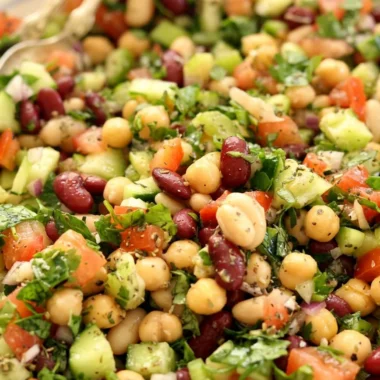 Close-up of Mediterranean Bean Salad freshly made and ready to serve