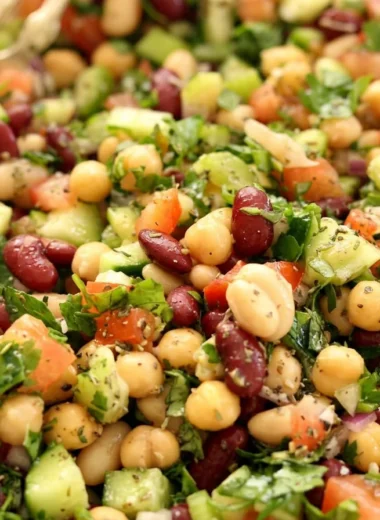 Close-up of Mediterranean Bean Salad freshly made and ready to serve