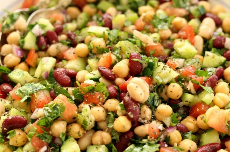 Close-up of Mediterranean Bean Salad freshly made and ready to serve