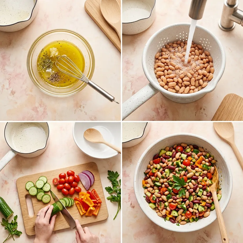 4-step cooking process collage for Mediterranean bean salad showing dressing, rinsing beans, chopping vegetables, and the finished salad