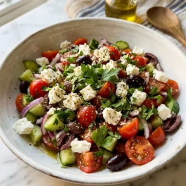 Mediterranean cucumber tomato salad with feta and olives in a white bowl