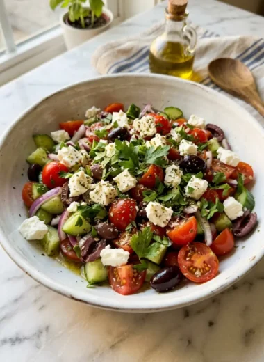Mediterranean cucumber tomato salad with feta and olives in a white bowl