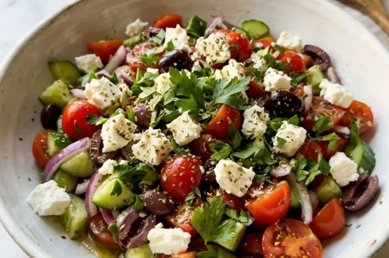Mediterranean cucumber tomato salad with feta and olives in a white bowl