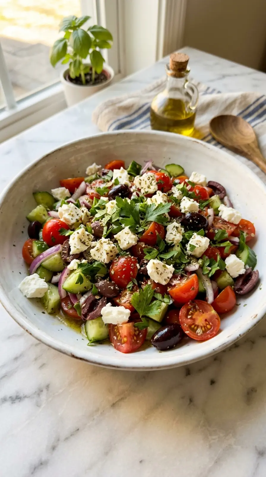 Mediterranean cucumber tomato salad with feta and olives in a white bowl